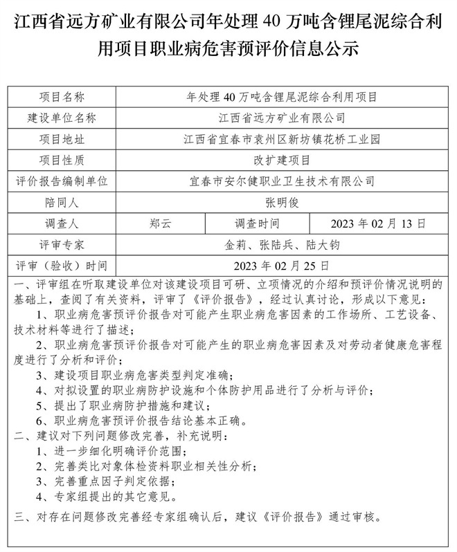 1679975625660491.jpg 江西省遠(yuǎn)方礦業(yè)有限公司年處理40萬噸含鋰尾泥綜合利用項(xiàng)目職業(yè)病危害預(yù)評價(jià)信息公示.jpg