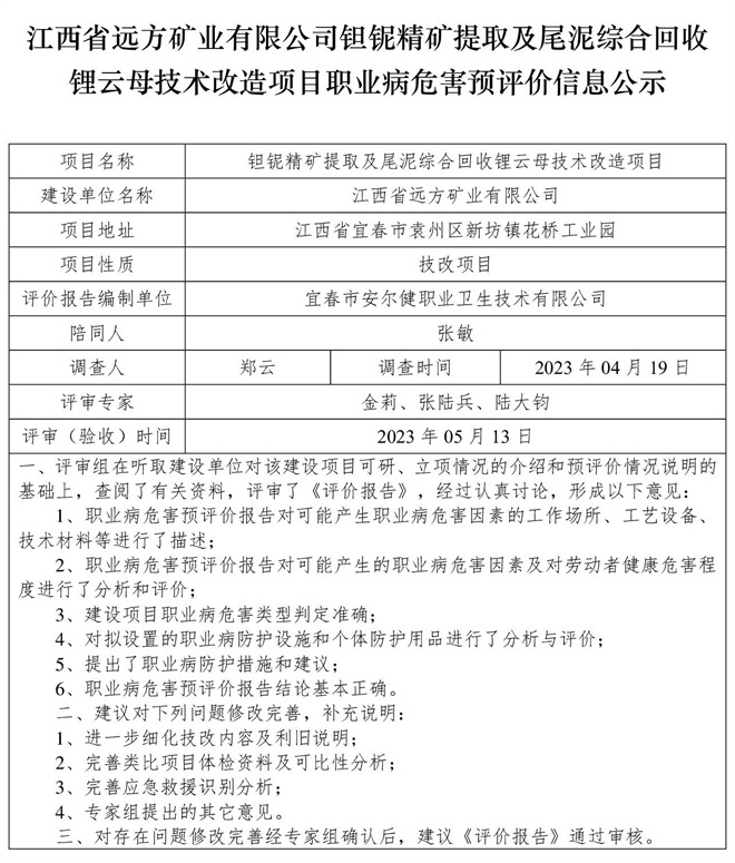 1686203136144042.jpg (預評價信息公示)江西省遠方礦業(yè)有限公司鉭鈮精礦提取及尾泥綜合回收鋰云母技術(shù)改造項目職業(yè)病危害.jpg